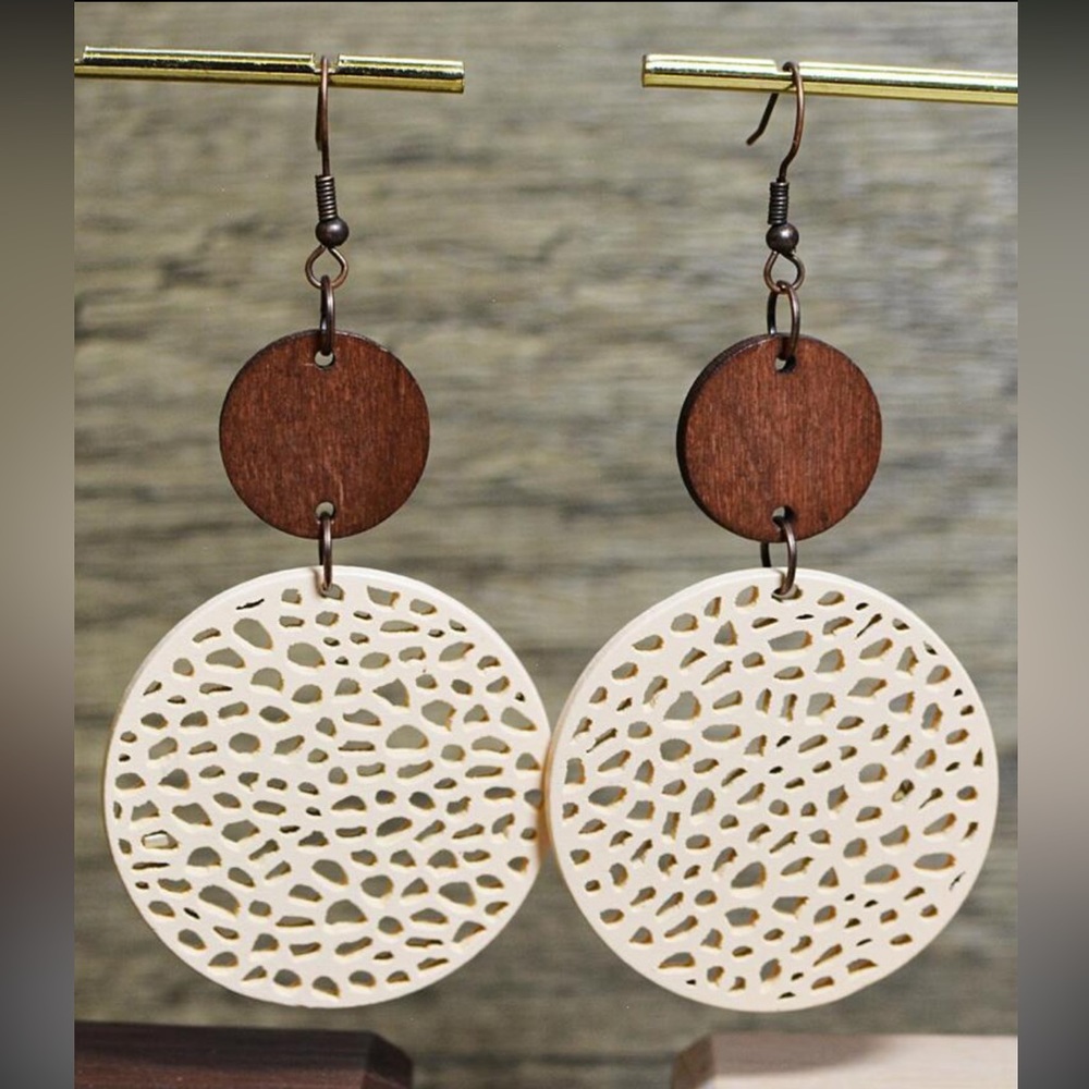 Wooden Geometric Circle Hollow Out Double-sided Lightweight Statement Earrings